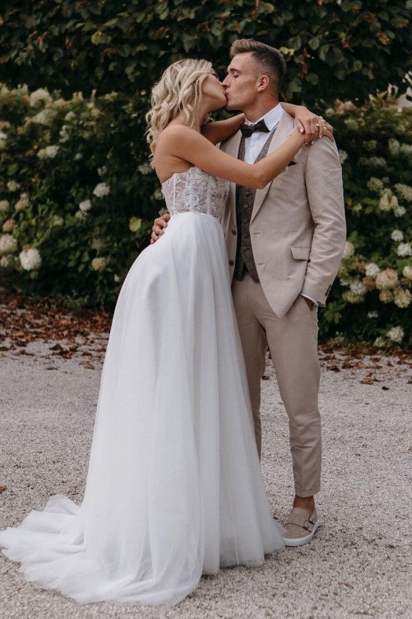 Gorgeous Long A-Line Sweetheart Wedding Dress with Lace Tulle & Front Slit