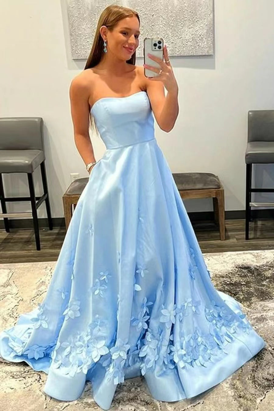 Beautiful Strapless Evening Dress with Appliques - Baby Blue