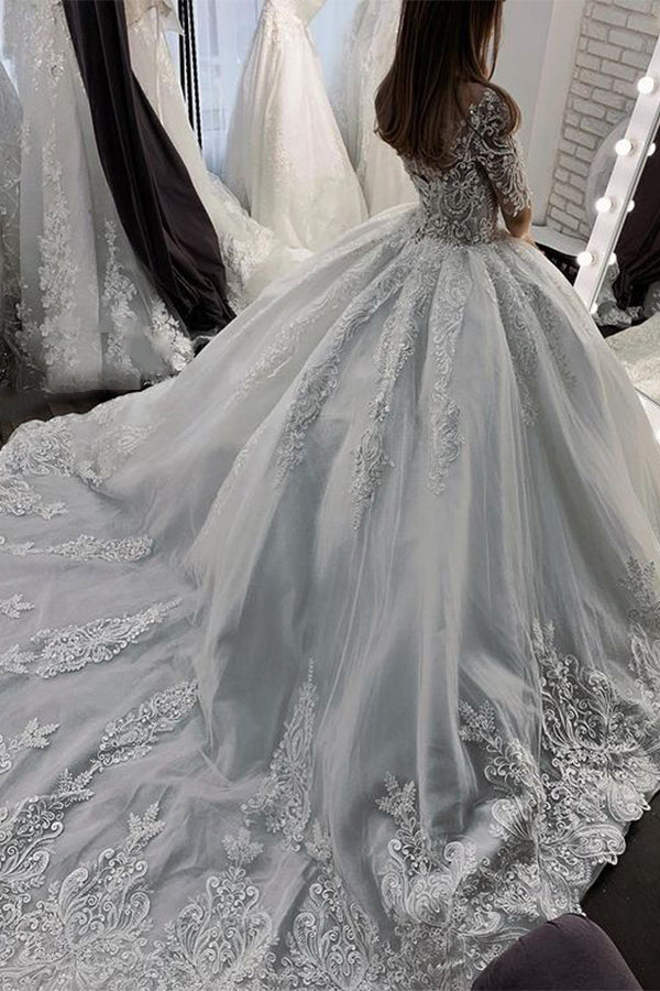 Short Sleeves Sheer Tulle Ball Gown Wedding Dress With Appliques