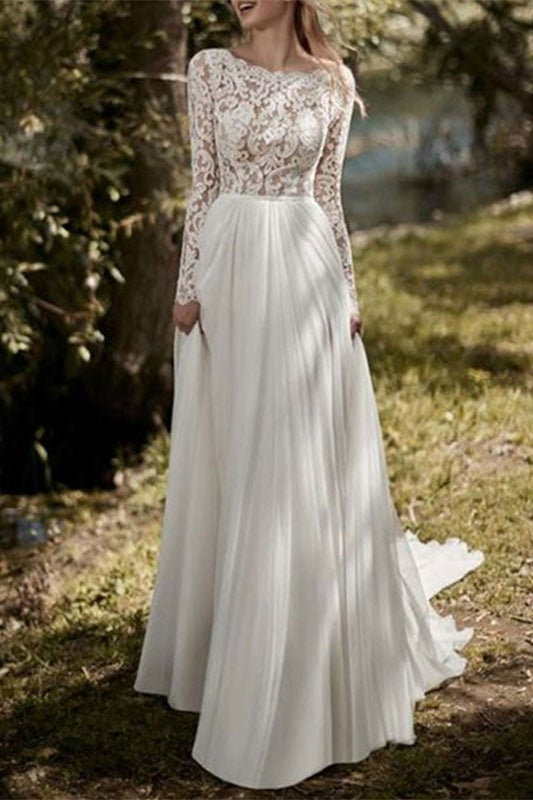 Long Sleeves Lace Chiffon Wedding Dress