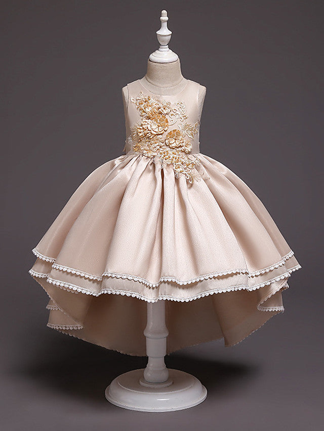 Satin Tulle Asymmetrical Flower Girl Dress with Lace Belt Appliques