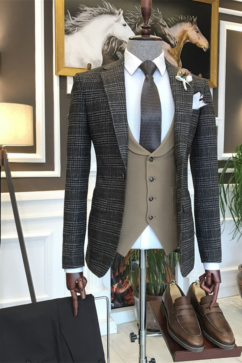 Dark Grey Plaid Business Men Suits - Bertran Chic 3 Pieces Peaked Lapel