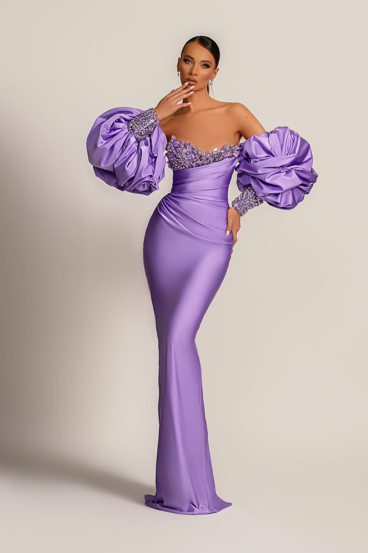 Purple Mermaid Prom Dress With Appliques Puff Sleeves