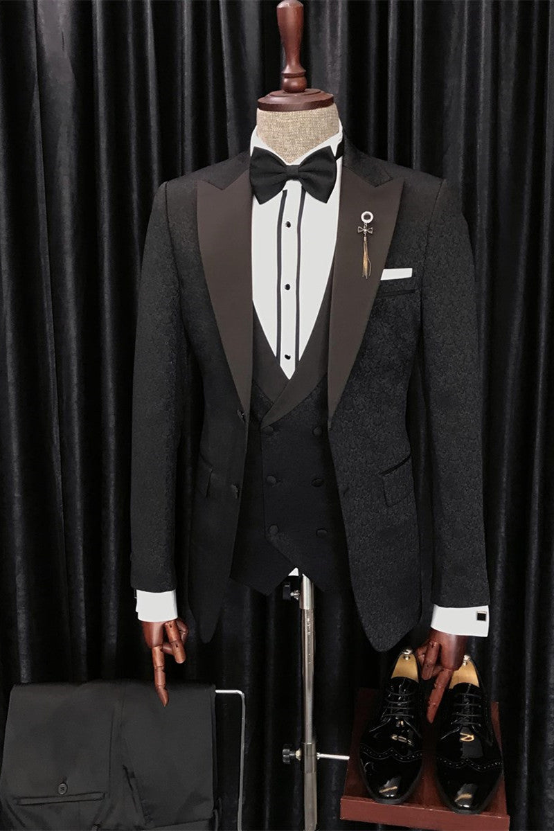 Anthony Newest Black Jaquard 3-Piece Peaked Lapel Wedding Suit for Men