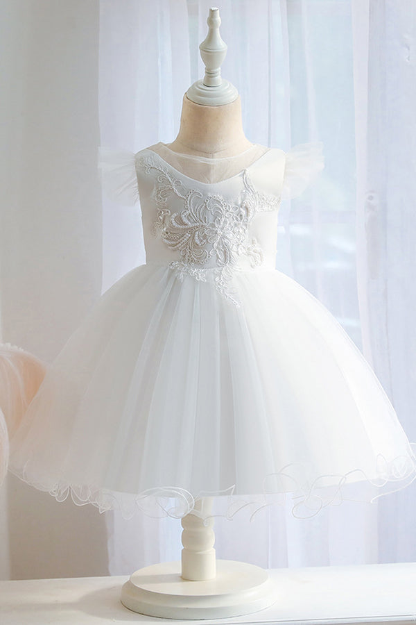 White Ball Gown with Jewel Flower Appliques and Short Sleeves