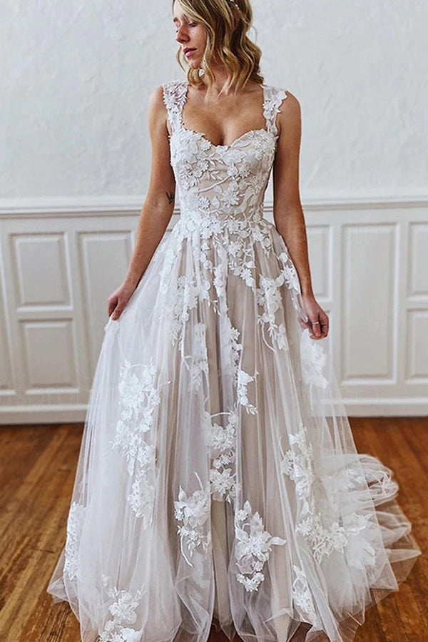 Elegant Straps Sweetheart A-line Wedding Dress with Appliques