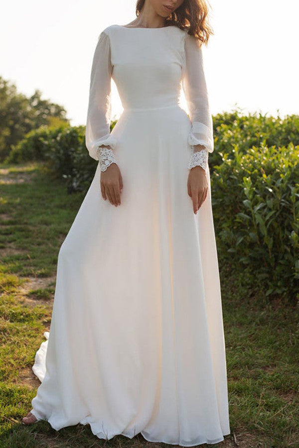 Elegant Long Sleeves Tulle Bateau Boho Wedding Dress A Line Open Back