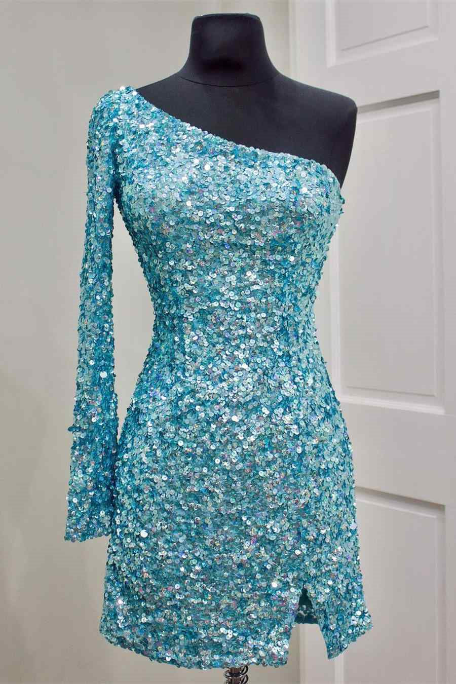 Stunning Long Sleeve One Shoulder Prom Dress with Sequins