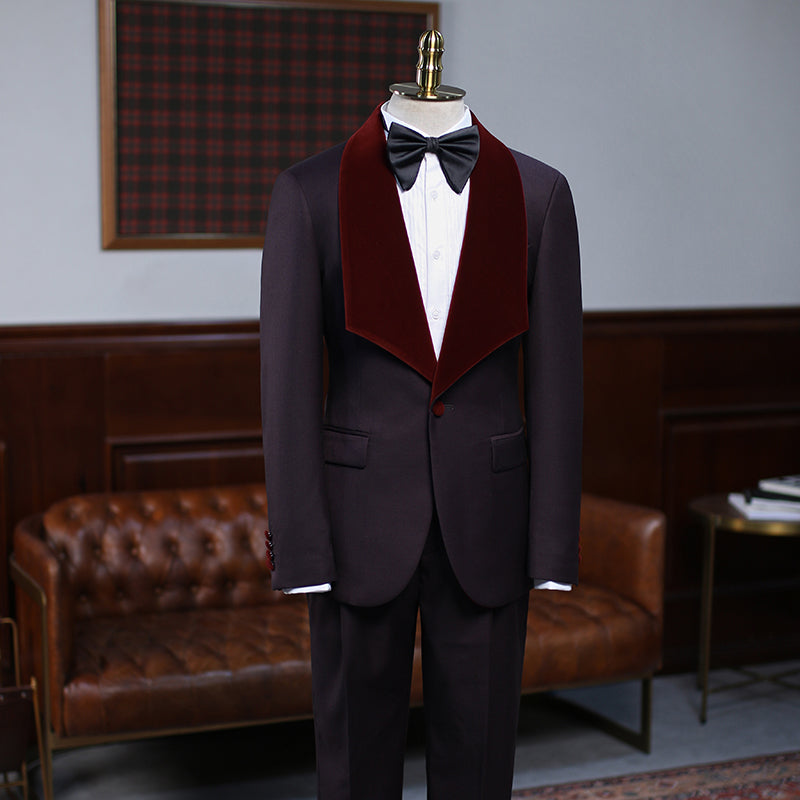 Trendy Burgundy 2-Piece Wedding Suit with Velvet Lapel for Grooms - Alexander