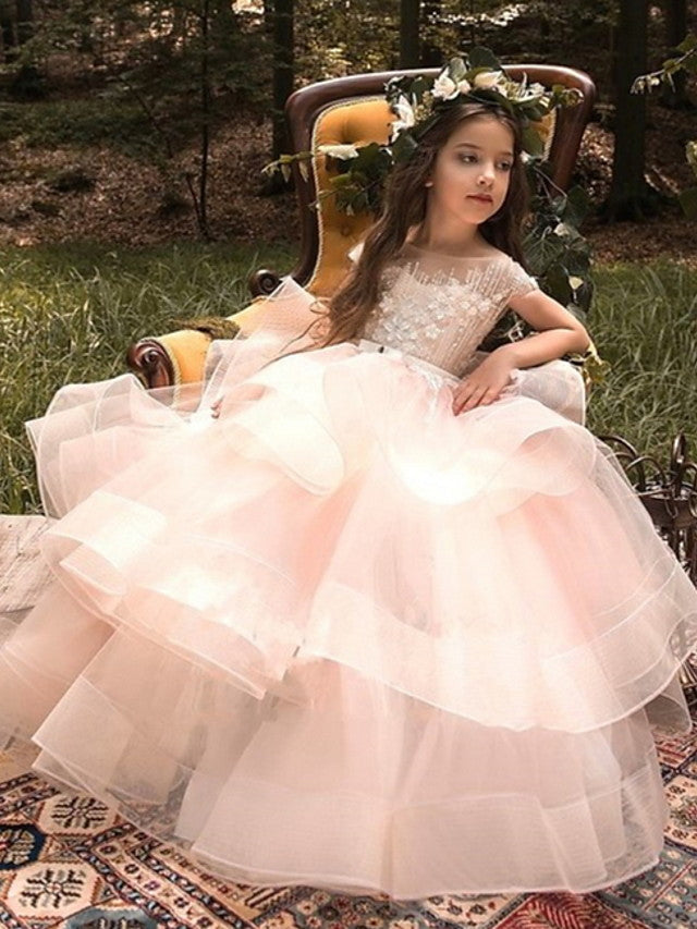 Princess Sleeveless Jewel Neck Flower Girl Dress - Polyester with Bow Embroidery