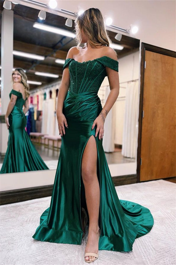 Green Off-The-Shoulder Mermaid Evening Dress with Split for Online Prom