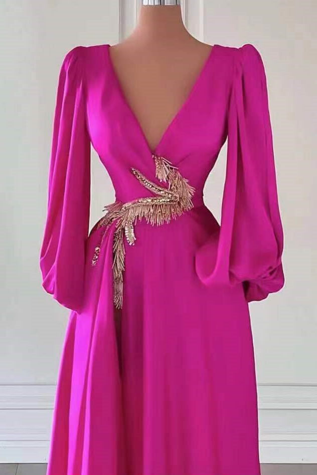 Fuchsia Dark V-Neck A-Line Prom Dress With Embellishment