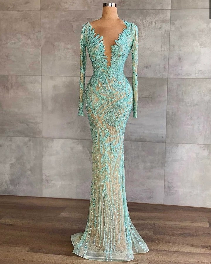 Light Blue Mermaid Beaded Tulle Prom Dress with Sequins and Long Sleeves